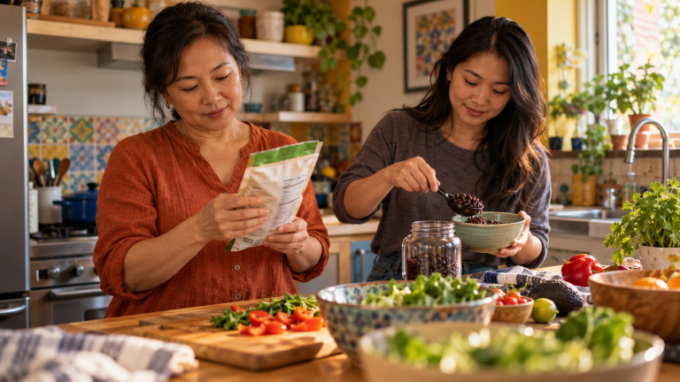 Adult preparing a meal in a home kitchen, illustrating everyday food choices and protein nutrition.