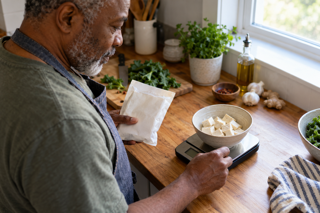 Older man weighing a bowl of food on a digital kitchen scale while preparing a meal.